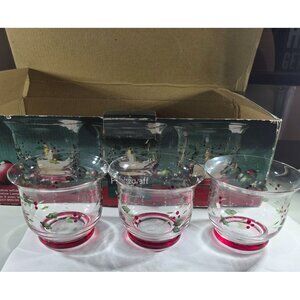 Pfaltzgraff Winterberry Holiday Glass Tealight votive Candle Holders christmas